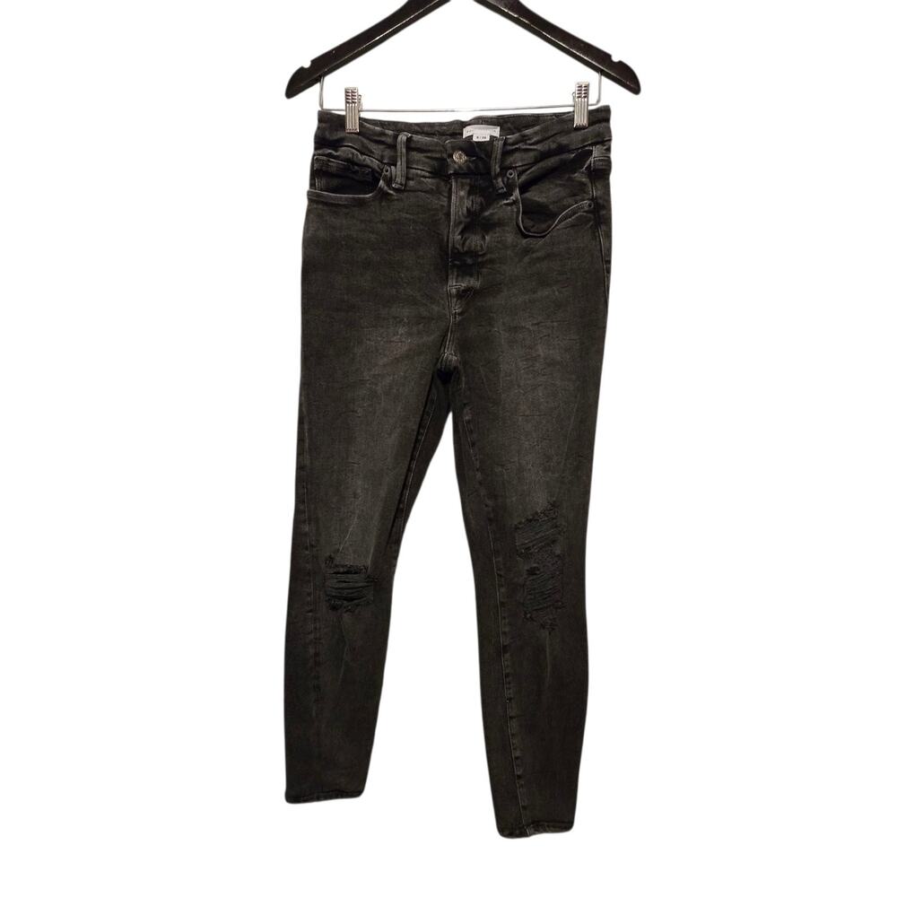 Good American Skinny Jeans Womens Sz 8 29 Black Distress Fray Crop 28"w X26.5"L